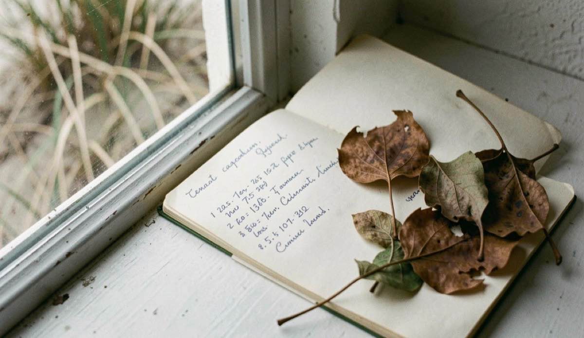 Un carnet daté et des feuilles séchées posés près d’une fenêtre